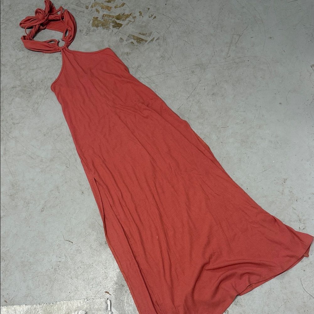 Fiestar Terracotta Halter Maxi Dress Ribbed Size Small Silver Detailing